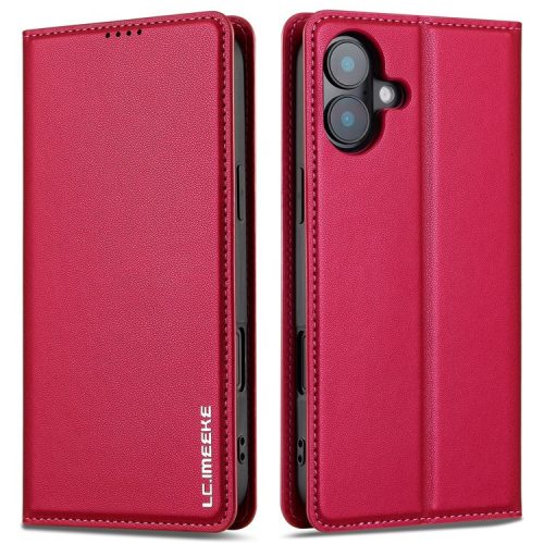 LC.IMEEKE L1 Series for iPhone 16 Case PU Leather Wallet Stand Protective Phone Cover - Red