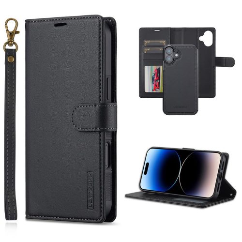 LC.IMEEKE L2 Series for iPhone 16 Case PU Leather Wallet Detachable Magnetic Phone Cover - Black