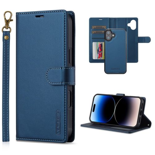 LC.IMEEKE L2 Series for iPhone 16 Case PU Leather Wallet Detachable Magnetic Phone Cover - Blue