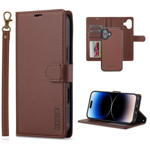 LC.IMEEKE L2 Series for iPhone 16 Case PU Leather Wallet Detachable Magnetic Phone Cover - Brown