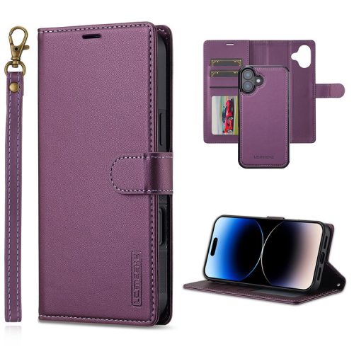 LC.IMEEKE L2 Series for iPhone 16 Case PU Leather Wallet Detachable Magnetic Phone Cover - Purple