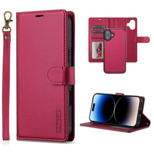 LC.IMEEKE L2 Series for iPhone 16 Case PU Leather Wallet Detachable Magnetic Phone Cover - Red