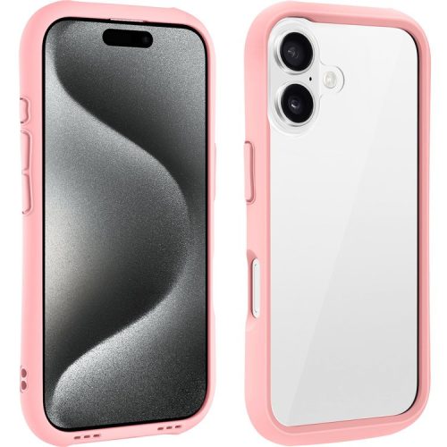 LEEU DESIGN For iPhone 16 Case Stereo Sound Hole TPU+Tempered Glass Clear Phone Cover - Pink