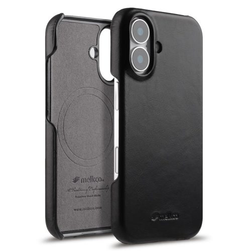 MELKCO For iPhone 16 Case Compatible with MagSafe Waxy Genuine Cow Leather PC Phone Back Cover - Black