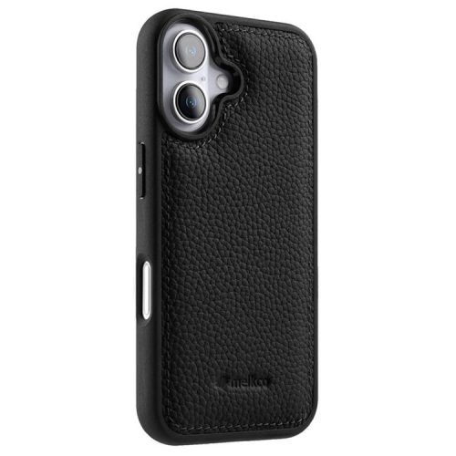 MELKCO For iPhone 16 Case Genuine Cow Leather Coated PC Phone Cover - Black