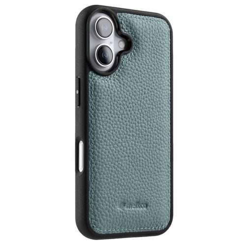 MELKCO For iPhone 16 Case Genuine Cow Leather Coated PC Phone Cover - Blue