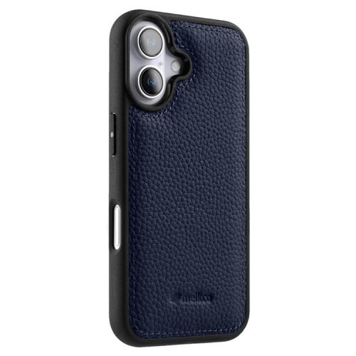 MELKCO For iPhone 16 Case Genuine Cow Leather Coated PC Phone Cover - Dark Blue