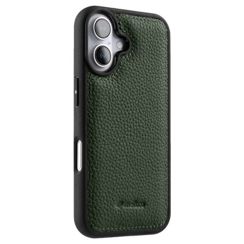 MELKCO For iPhone 16 Case Genuine Cow Leather Coated PC Phone Cover - Green