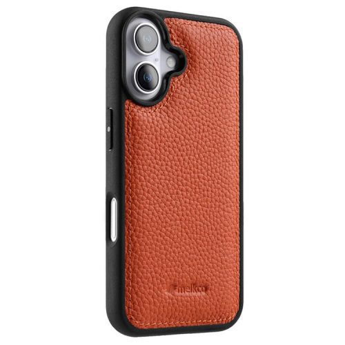 MELKCO For iPhone 16 Case Genuine Cow Leather Coated PC Phone Cover - Orange