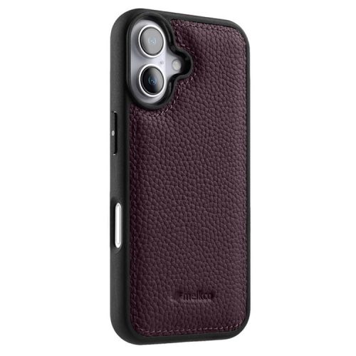 MELKCO For iPhone 16 Case Genuine Cow Leather Coated PC Phone Cover - Purple