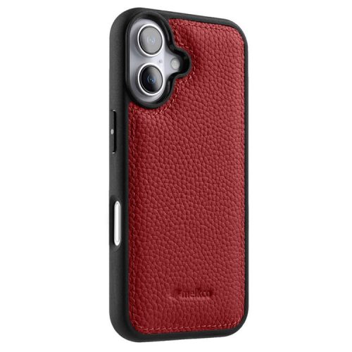 MELKCO For iPhone 16 Case Genuine Cow Leather Coated PC Phone Cover - Red