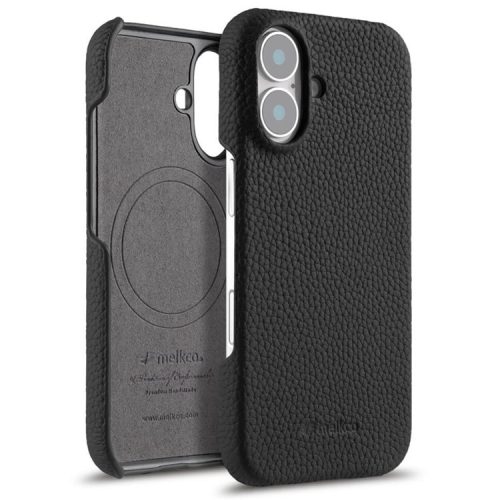 MELKCO For iPhone 16 Case Genuine Cow Leather PC Phone Cover Compatible with MagSafe - Black