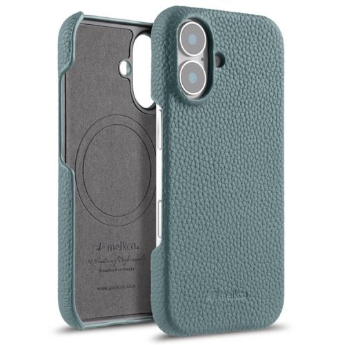 MELKCO For iPhone 16 Case Genuine Cow Leather PC Phone Cover Compatible with MagSafe - Blue