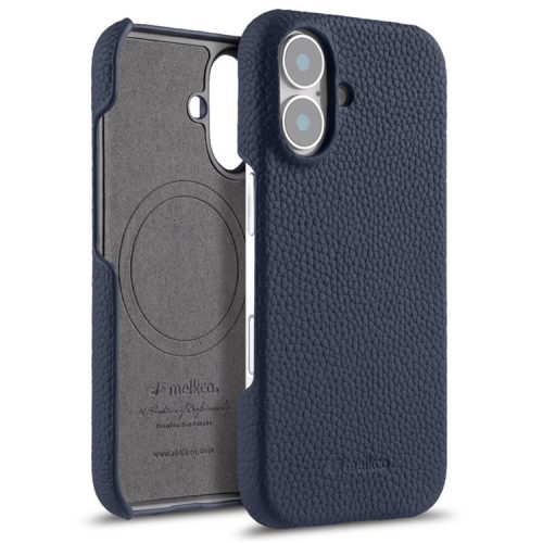 MELKCO For iPhone 16 Case Genuine Cow Leather PC Phone Cover Compatible with MagSafe - Dark Blue