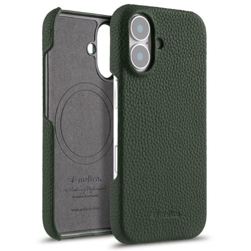 MELKCO For iPhone 16 Case Genuine Cow Leather PC Phone Cover Compatible with MagSafe - Dark Green