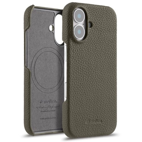 MELKCO For iPhone 16 Case Genuine Cow Leather PC Phone Cover Compatible with MagSafe - Grey