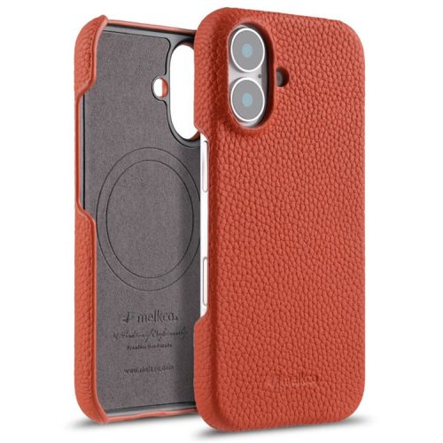 MELKCO For iPhone 16 Case Genuine Cow Leather PC Phone Cover Compatible with MagSafe - Orange