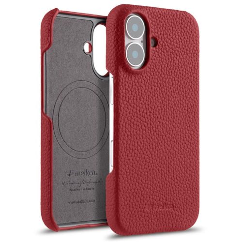 MELKCO For iPhone 16 Case Genuine Cow Leather PC Phone Cover Compatible with MagSafe - Red