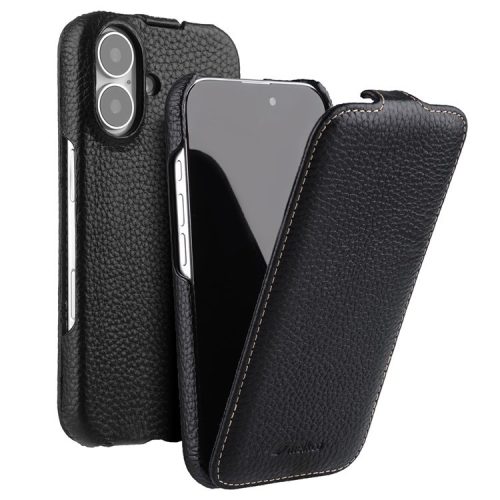 MELKCO For iPhone 16 Magnetic Case Vertical Flip Genuine Cow Leather+PC Shockproof Cover - Black