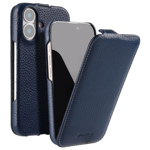 MELKCO For iPhone 16 Magnetic Case Vertical Flip Genuine Cow Leather+PC Shockproof Cover - Blue