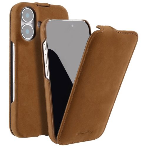 MELKCO For iPhone 16 Magnetic Case Vertical Flip Genuine Cow Leather+PC Shockproof Cover - Brown