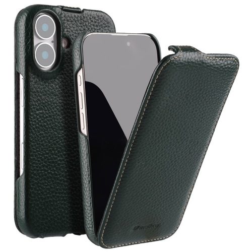 MELKCO For iPhone 16 Magnetic Case Vertical Flip Genuine Cow Leather+PC Shockproof Cover - Green