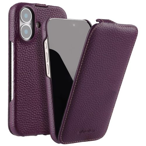 MELKCO For iPhone 16 Magnetic Case Vertical Flip Genuine Cow Leather+PC Shockproof Cover - Purple