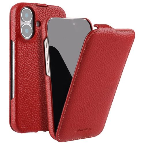 MELKCO For iPhone 16 Magnetic Case Vertical Flip Genuine Cow Leather+PC Shockproof Cover - Red