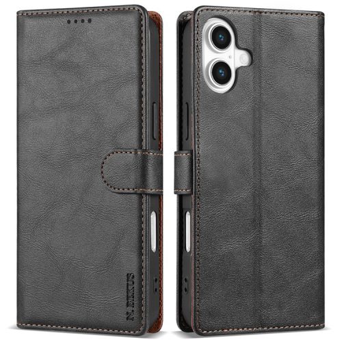 N.BEKUS CSJ-001 For iPhone 16 Stand Case PU Leather Wallet Phone Cover - Black