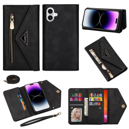 N.BEKUS For iPhone 16 Cases Skin-Touch Leather Wallet Phone Cover with Straps - Black