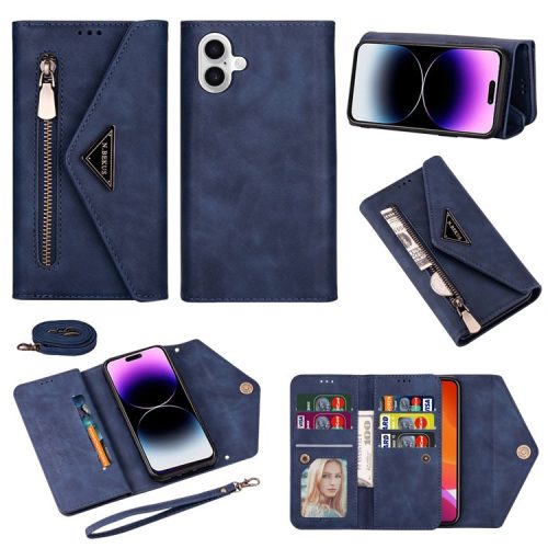 N.BEKUS For iPhone 16 Cases Skin-Touch Leather Wallet Phone Cover with Straps - Blue