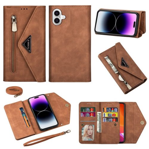 N.BEKUS For iPhone 16 Cases Skin-Touch Leather Wallet Phone Cover with Straps - Brown