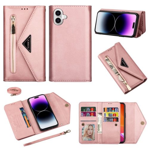 N.BEKUS For iPhone 16 Cases Skin-Touch Leather Wallet Phone Cover with Straps - Rose Gold