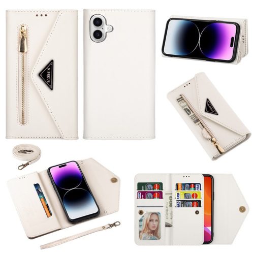 N.BEKUS For iPhone 16 Cases Skin-Touch Leather Wallet Phone Cover with Straps - White