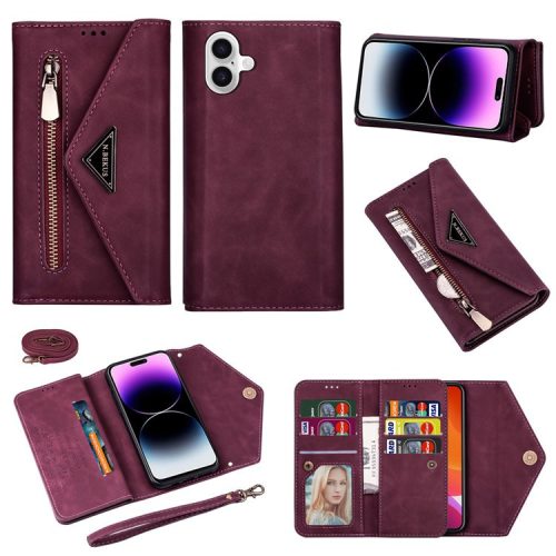 N.BEKUS For iPhone 16 Cases Skin-Touch Leather Wallet Phone Cover with Straps - Wine Red