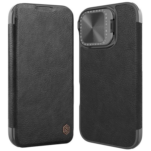 NILLKIN Qin Prop Series for iPhone 16 Leather Case Lens Kickstand Phone Cover - Black