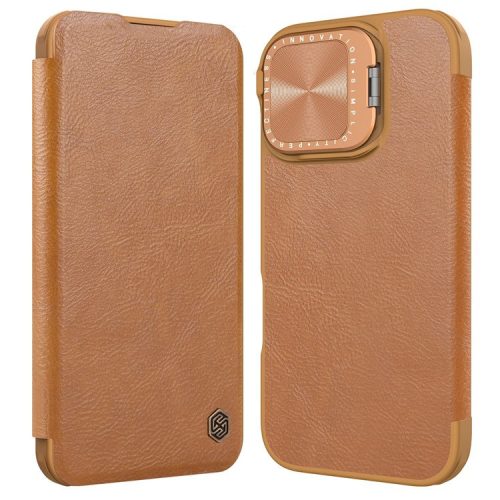 NILLKIN Qin Prop Series for iPhone 16 Leather Case Lens Kickstand Phone Cover - Brown