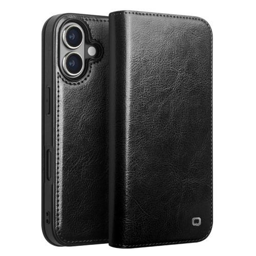 QIALINO For iPhone 16 Case Genuine Cow Leather Card Holder Stand Flip Phone Cover - Black