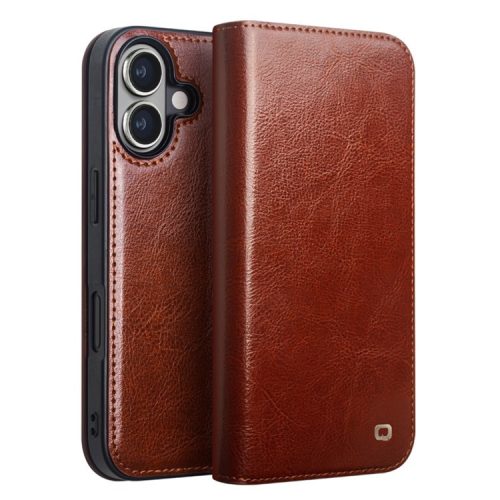 QIALINO For iPhone 16 Case Genuine Cow Leather Card Holder Stand Flip Phone Cover - Brown