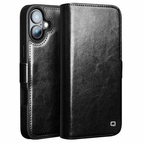 QIALINO For iPhone 16 Case TPU+Genuine Cow Leather Wallet Phone Cover - Black