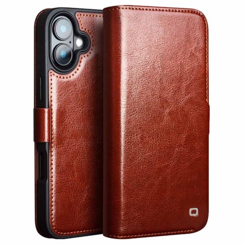 QIALINO For iPhone 16 Case TPU+Genuine Cow Leather Wallet Phone Cover - Brown