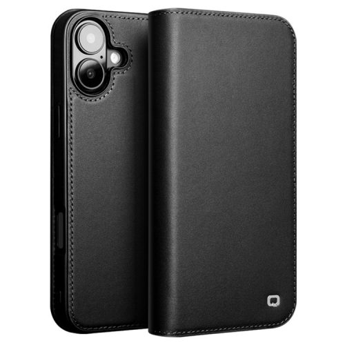 QIALINO For iPhone 16 Stand Case Anti-Drop Genuine Cow Leather Wallet Phone Cover - Black