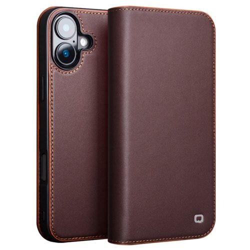 QIALINO For iPhone 16 Stand Case Anti-Drop Genuine Cow Leather Wallet Phone Cover - Brown