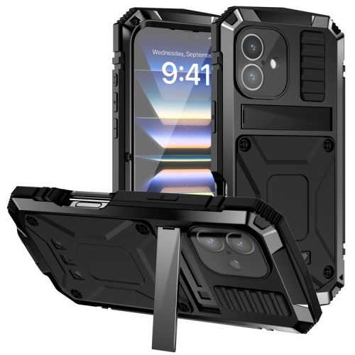 R-JUST For iPhone 16 Case PC+Silicone+Metal Kickstand Phone Cover with Tempered Glass Film - Black