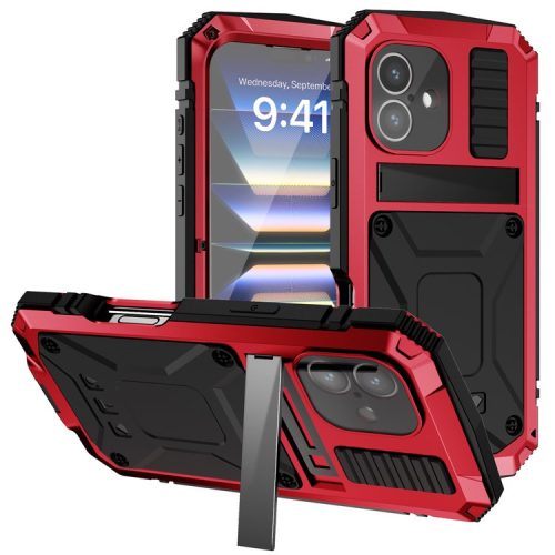 R-JUST For iPhone 16 Case PC+Silicone+Metal Kickstand Phone Cover with Tempered Glass Film - Red