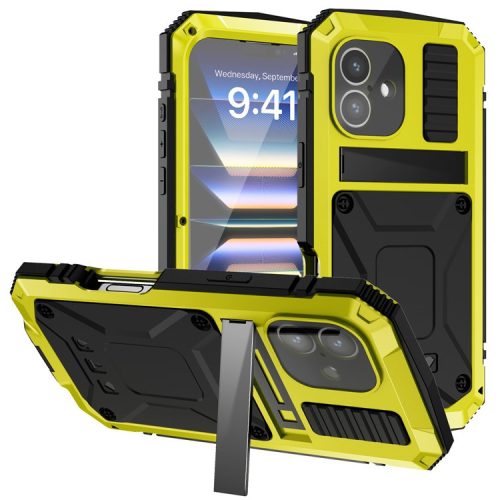 R-JUST For iPhone 16 Case PC+Silicone+Metal Kickstand Phone Cover with Tempered Glass Film - Yellow