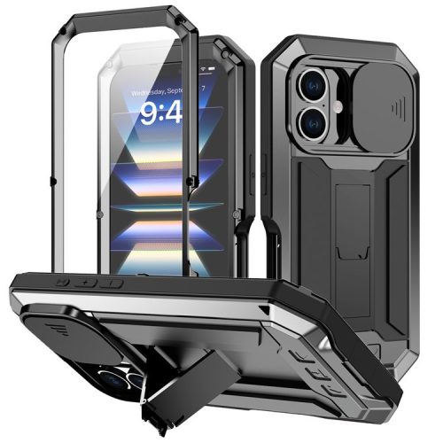 R-JUST For iPhone 16 Kickstand Case Silicone+Metal+PC+Tempered Glass Screen Film Phone Cover -  Black