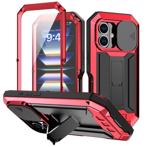 R-JUST For iPhone 16 Kickstand Case Silicone+Metal+PC+Tempered Glass Screen Film Phone Cover -  Red