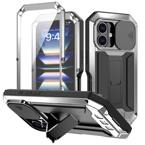 R-JUST For iPhone 16 Kickstand Case Silicone+Metal+PC+Tempered Glass Screen Film Phone Cover -  Silver