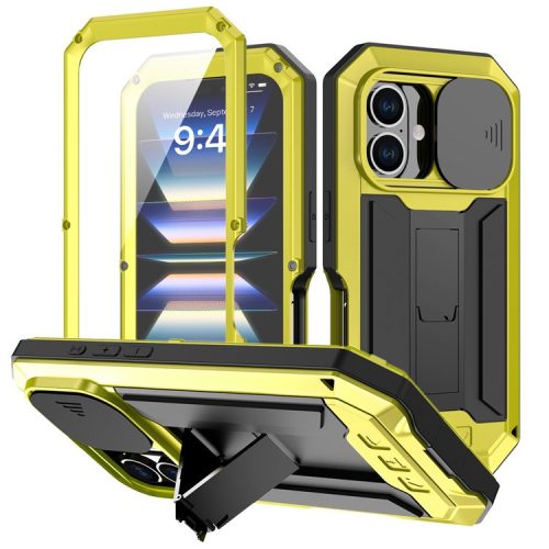 R-JUST For iPhone 16 Kickstand Case Silicone+Metal+PC+Tempered Glass Screen Film Phone Cover -  Yellow